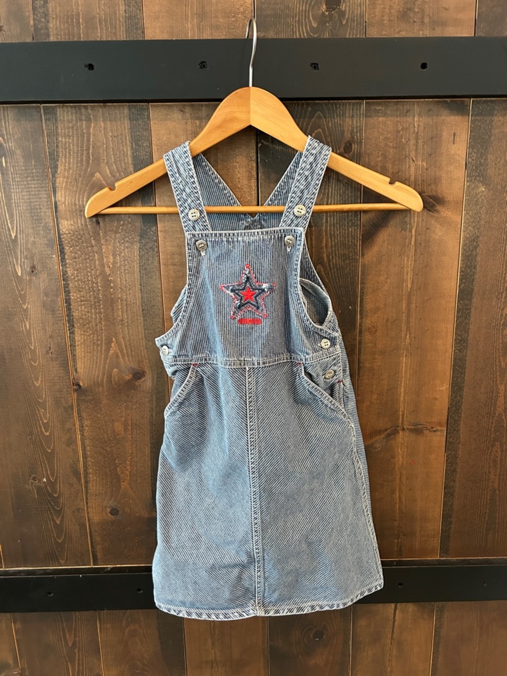 Vintage Oshkosh Kids Denim Overall Dress with Red Star Embroidery Size 6x